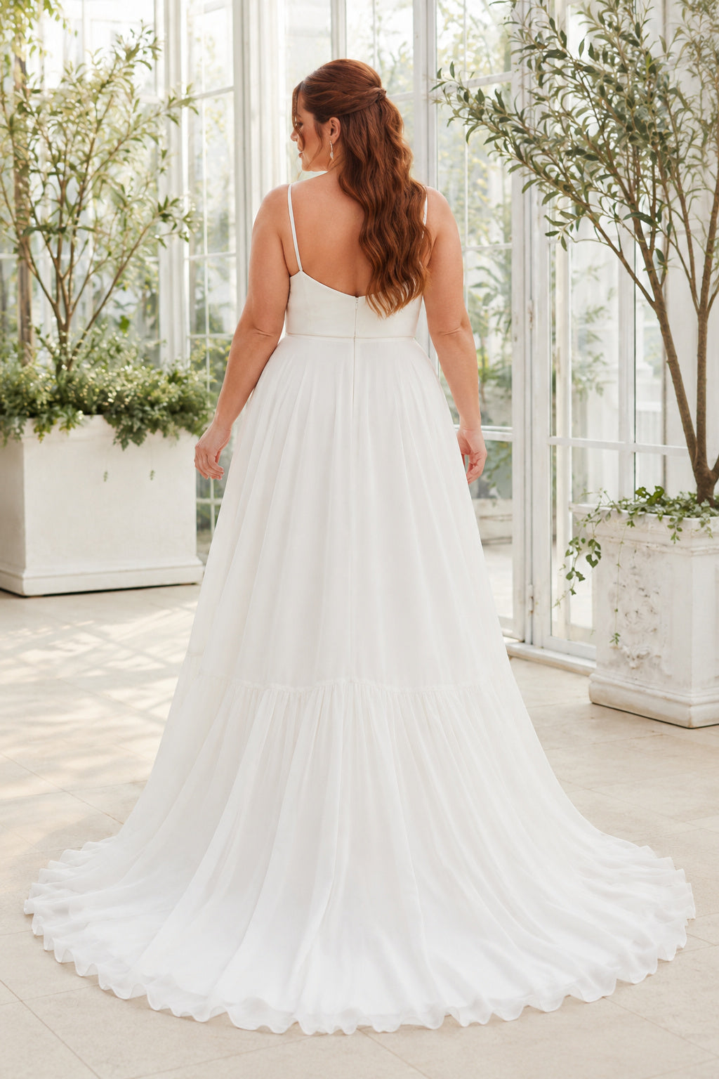 White Plus Size Scoop Neck Chiffon A-Line Wedding Dress with Wide Straps and Soft Train back view