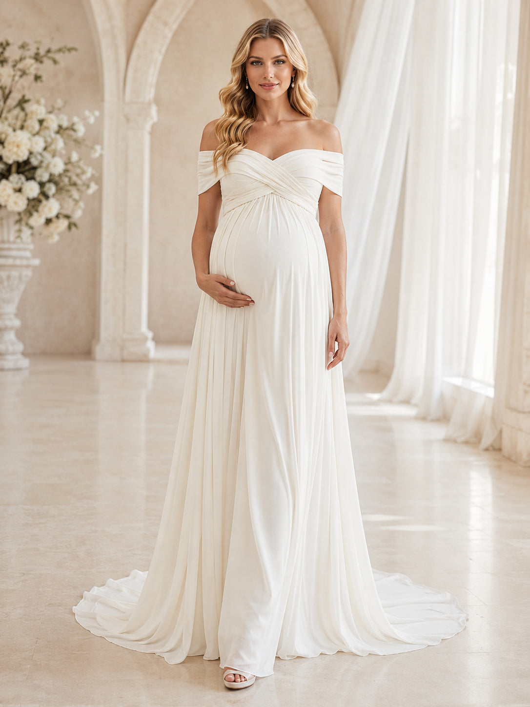 Romantic Maternity Wedding A Line Off Shoulder Chiffon Empire Sweep Train front view