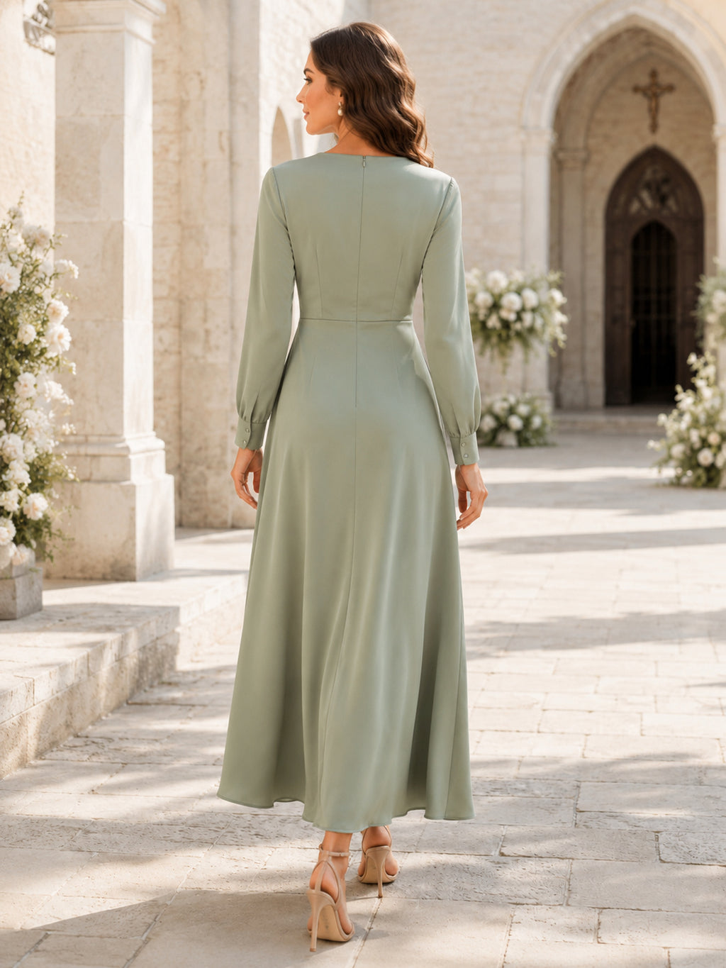 Sage Long Sleeve Wrap A Line Modest Wedding Guest Midi Dress back view