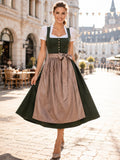 Minimal Dark Green Linen Dirndl Tea Length Square Neck Puff Sleeve Taupe Apron front view
