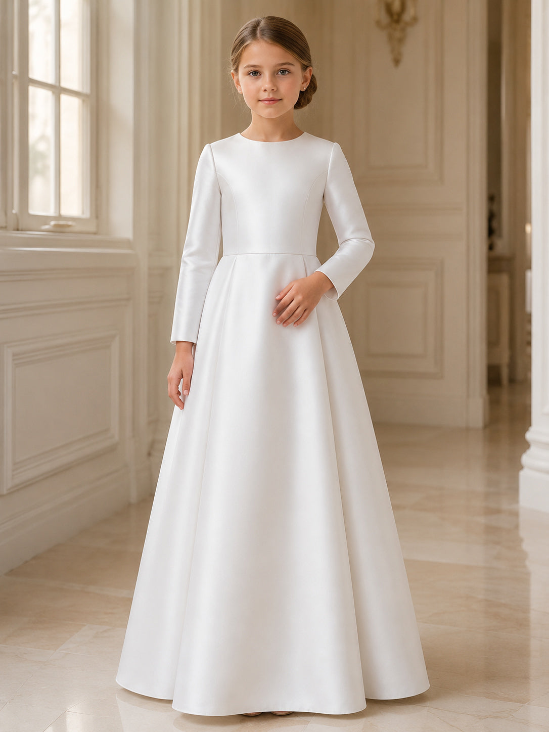 White Satin A-Line Flower Girl Dress with Long Sleeve, Jewel Neck, Floor-Length Skirt front view