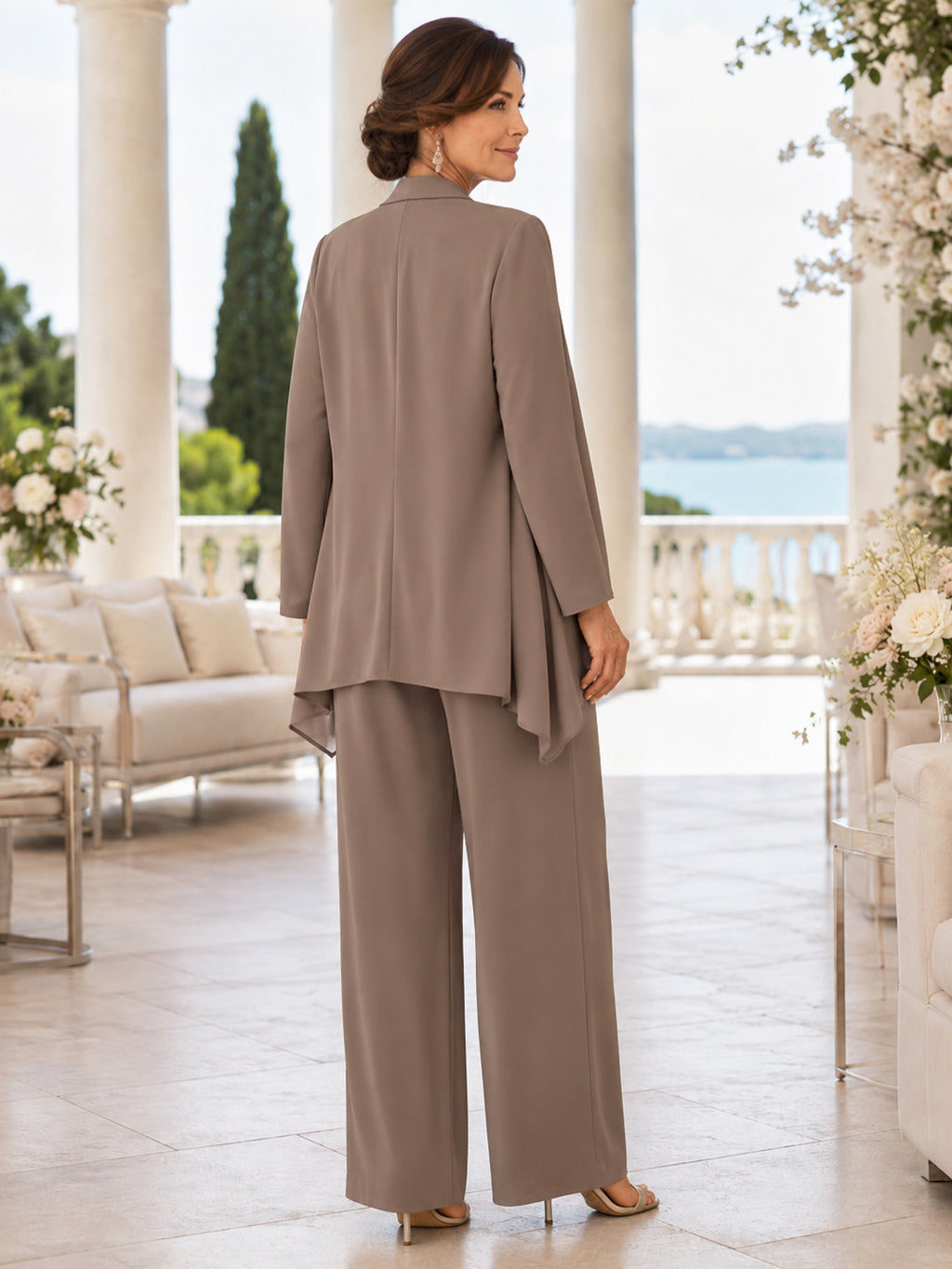 Taupe Mother Jumpsuit with Cowl Neck Chiffon Jacket and Straight Leg Pants back view
