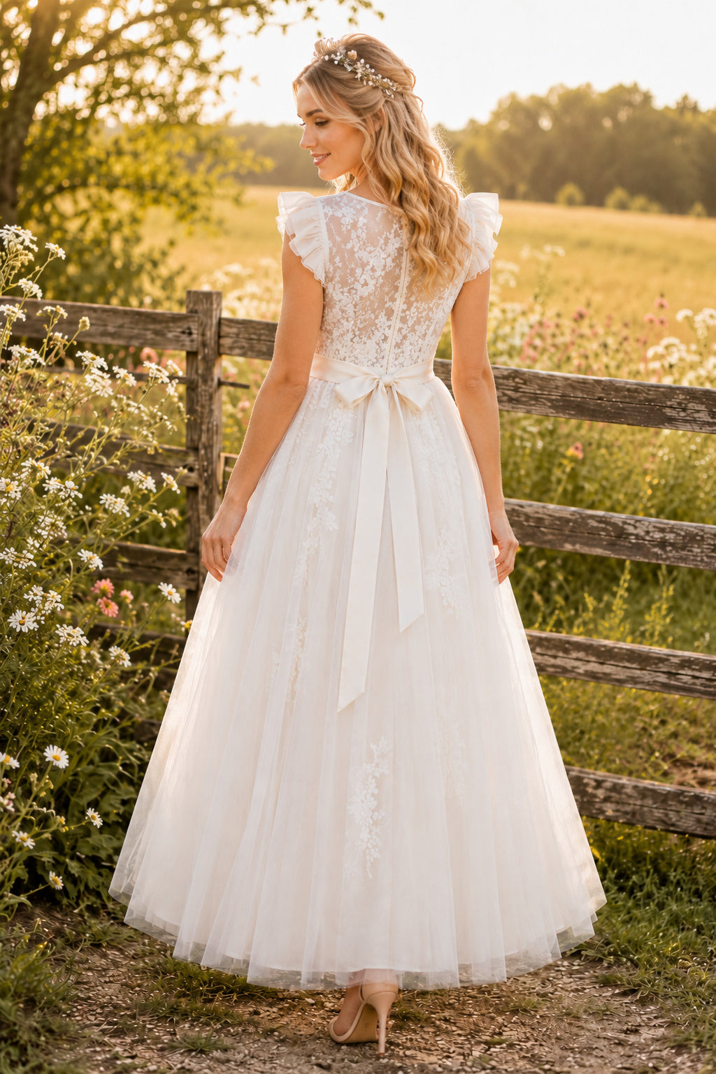 Ivory Cap Sleeve Lace Bodice with Bow Sash and Tulle Skirt Tea Length A-Line Wedding Dress back view