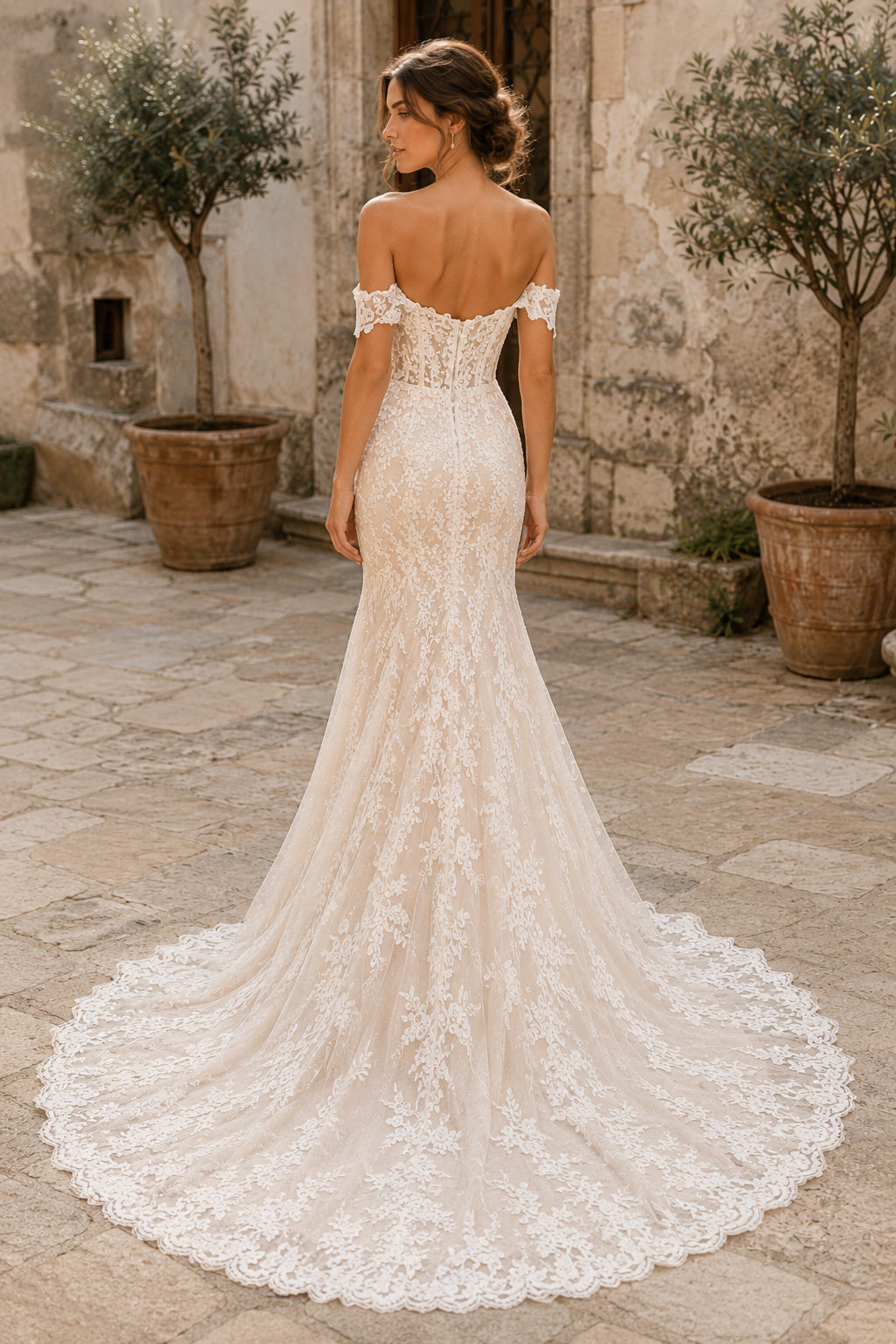 Ivory Off Shoulder Lace Mermaid Wedding Dress Chapel Train for Wedding Ceremony and Reception Style MG_701497 back view