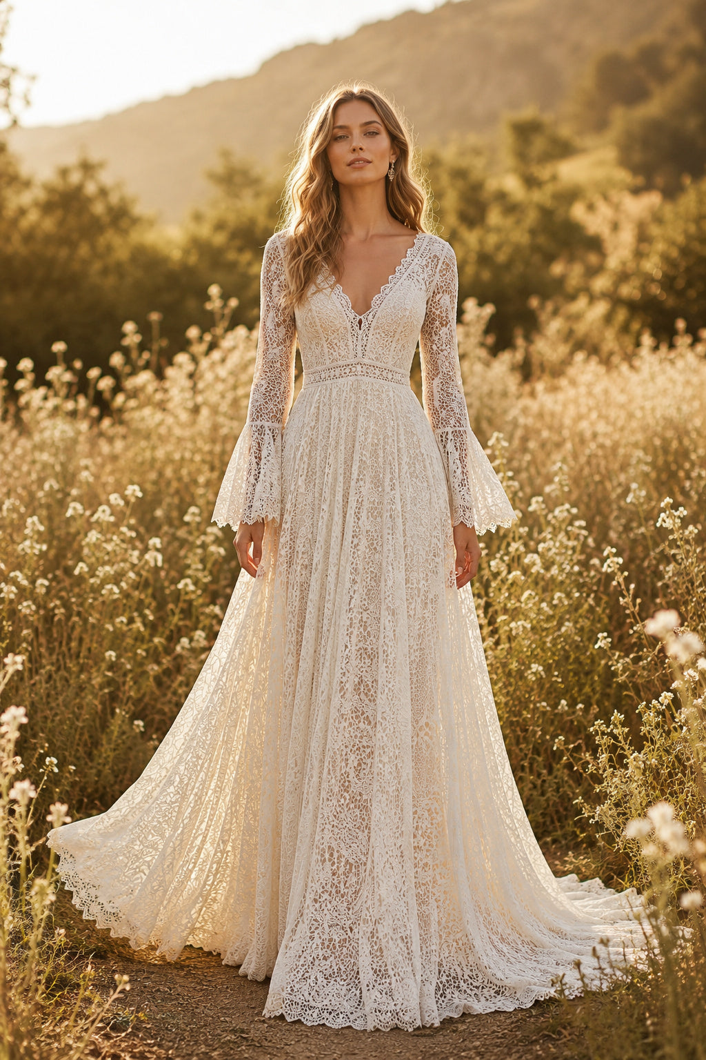 Ivory Long Bell Sleeve Boho Lace A-Line Wedding Dress with Deep V-Neck front view