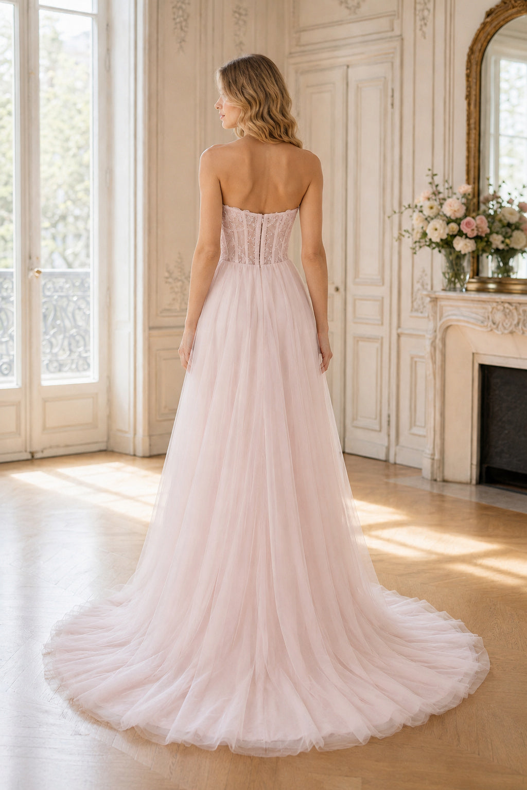 Ivory Illusion Ball Gown Tulle Floor-length Wedding Dress With Floral Appliques and Front Slit