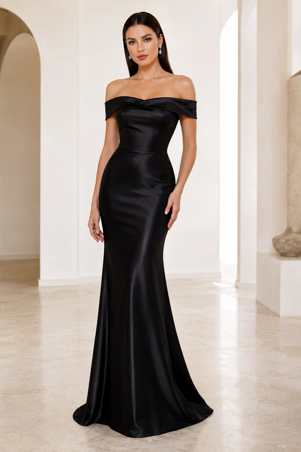 Evening Gown Black Satin Mermaid Off Shoulder Short Sleeve Ruched Floor Length front view