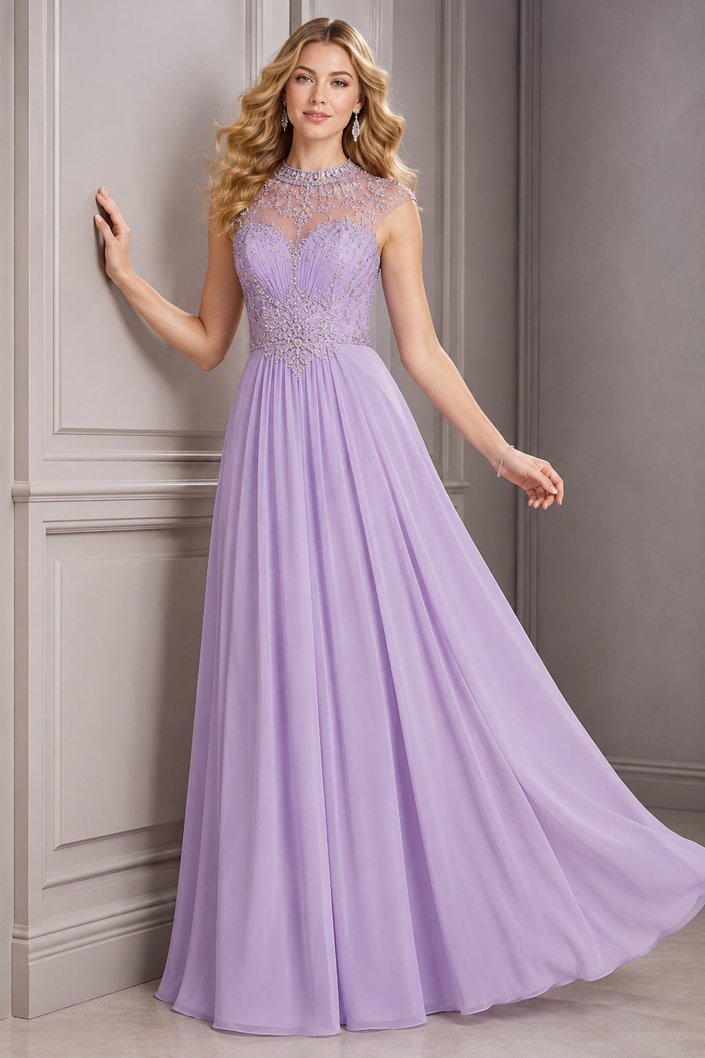 Lavender High Neck Chiffon A-Line Formal Dress with Beaded Illusion Bodice front view