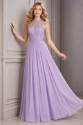 Lavender High Neck Chiffon A-Line Formal Dress with Beaded Illusion Bodice front view