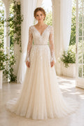 White Off-the-shoulder Long Sleeves Mermaid Lace Floor-length Wedding Dress With Lace and Sweep Train