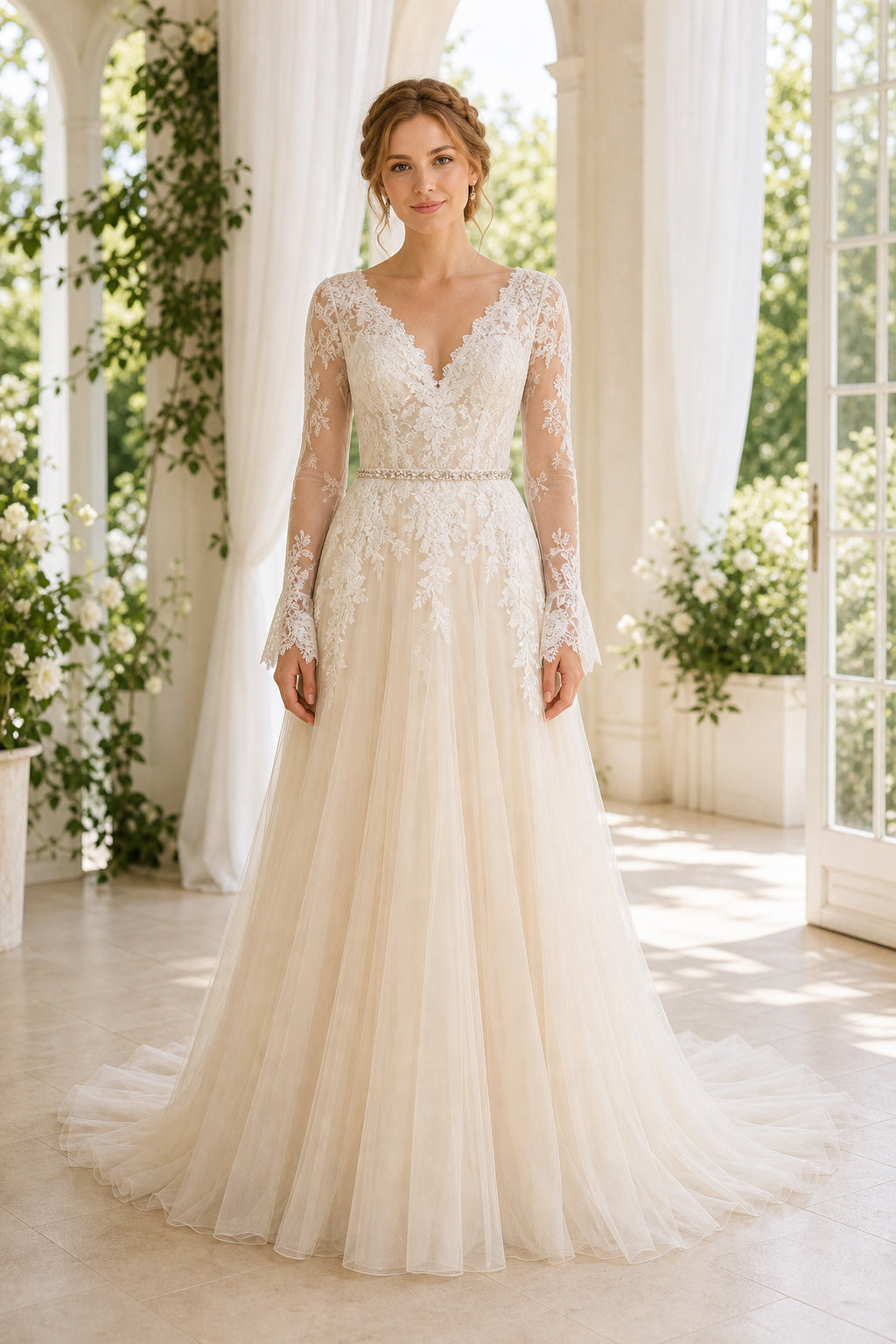 White Off-the-shoulder Long Sleeves Mermaid Lace Floor-length Wedding Dress With Lace and Sweep Train