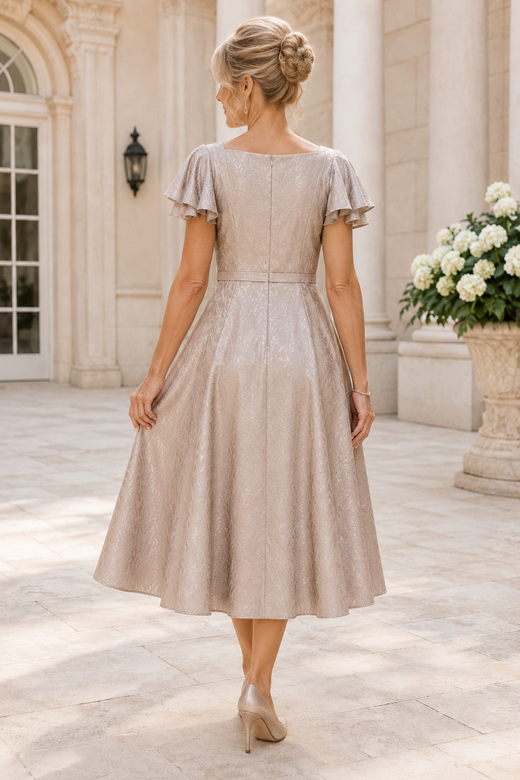 Taupe Satin Tea Length Mother Dress with Flutter Sleeves and Full A-Line Skirt for Evening Reception back view