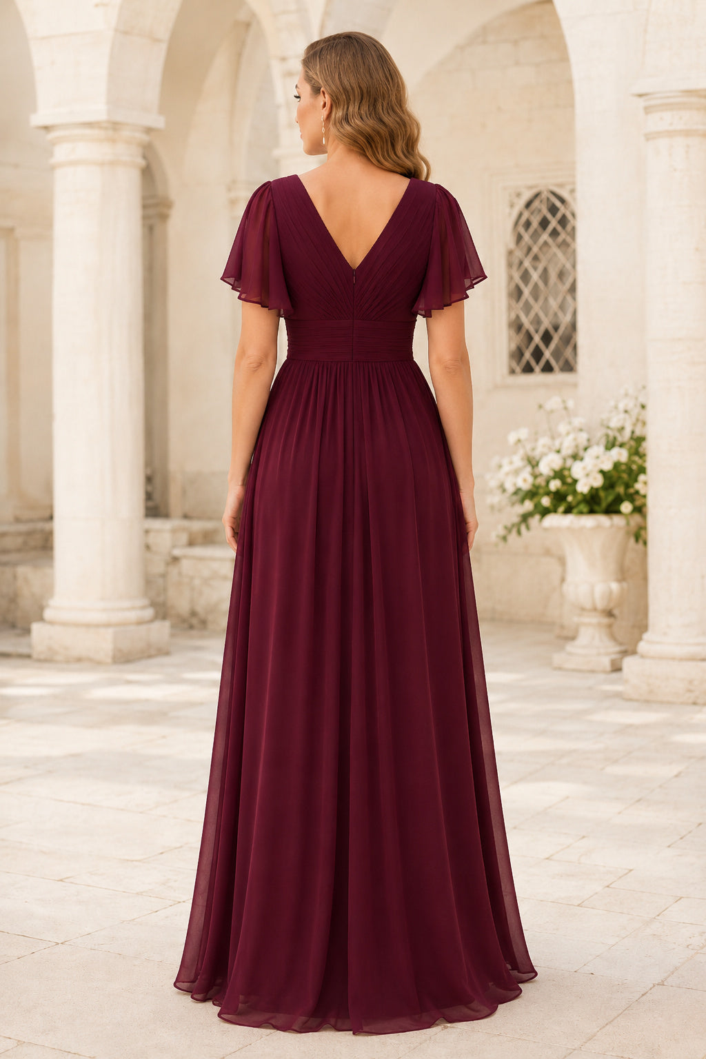 Burgundy V-Neck Chiffon A-Line Bridesmaid Dress with Flutter Sleeves and Floor Length Skirt back view
