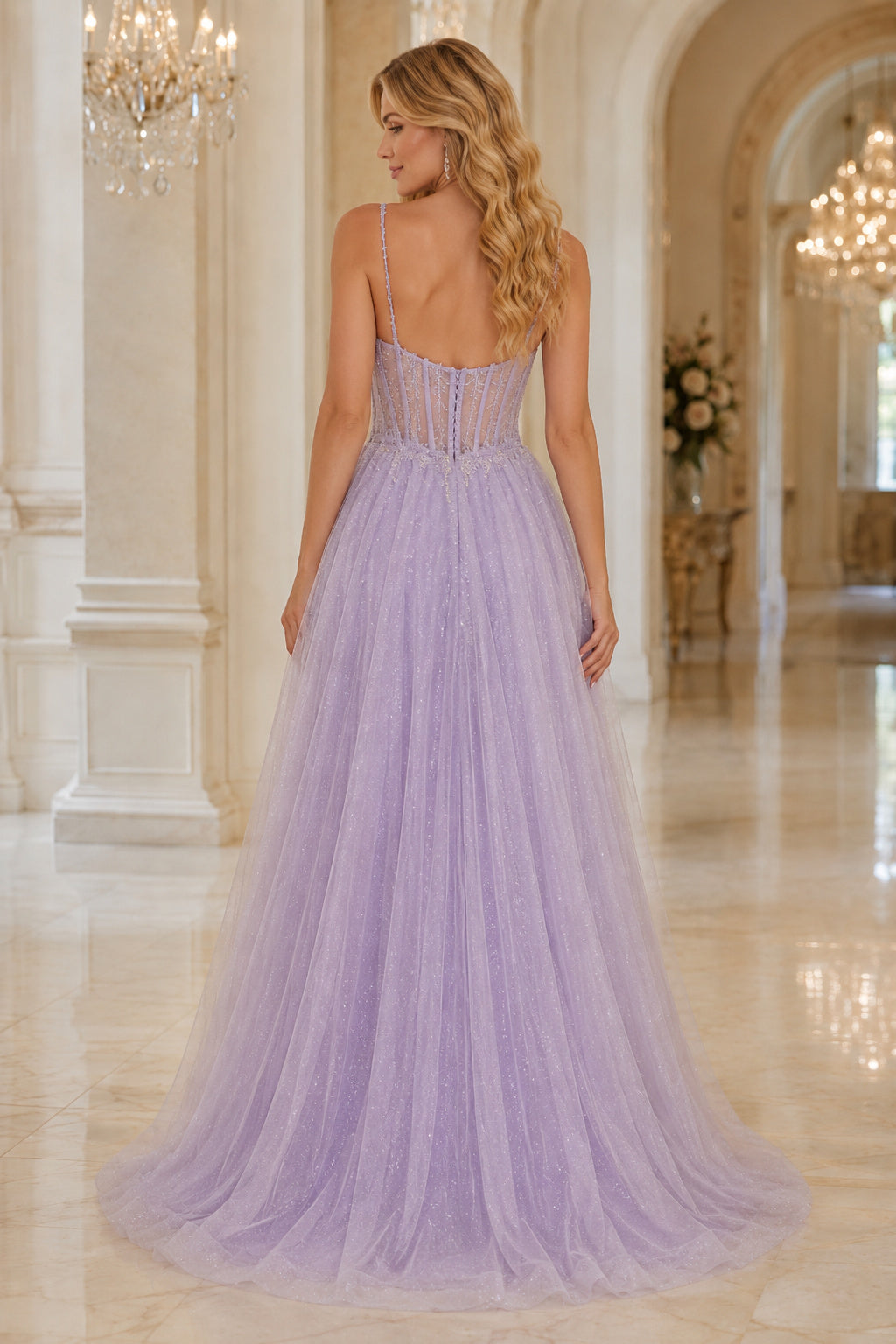 Lavender Spaghetti Strap Lavender Tulle A Line Gown with Beaded Bodice Floor Length A Line Prom Dress back view