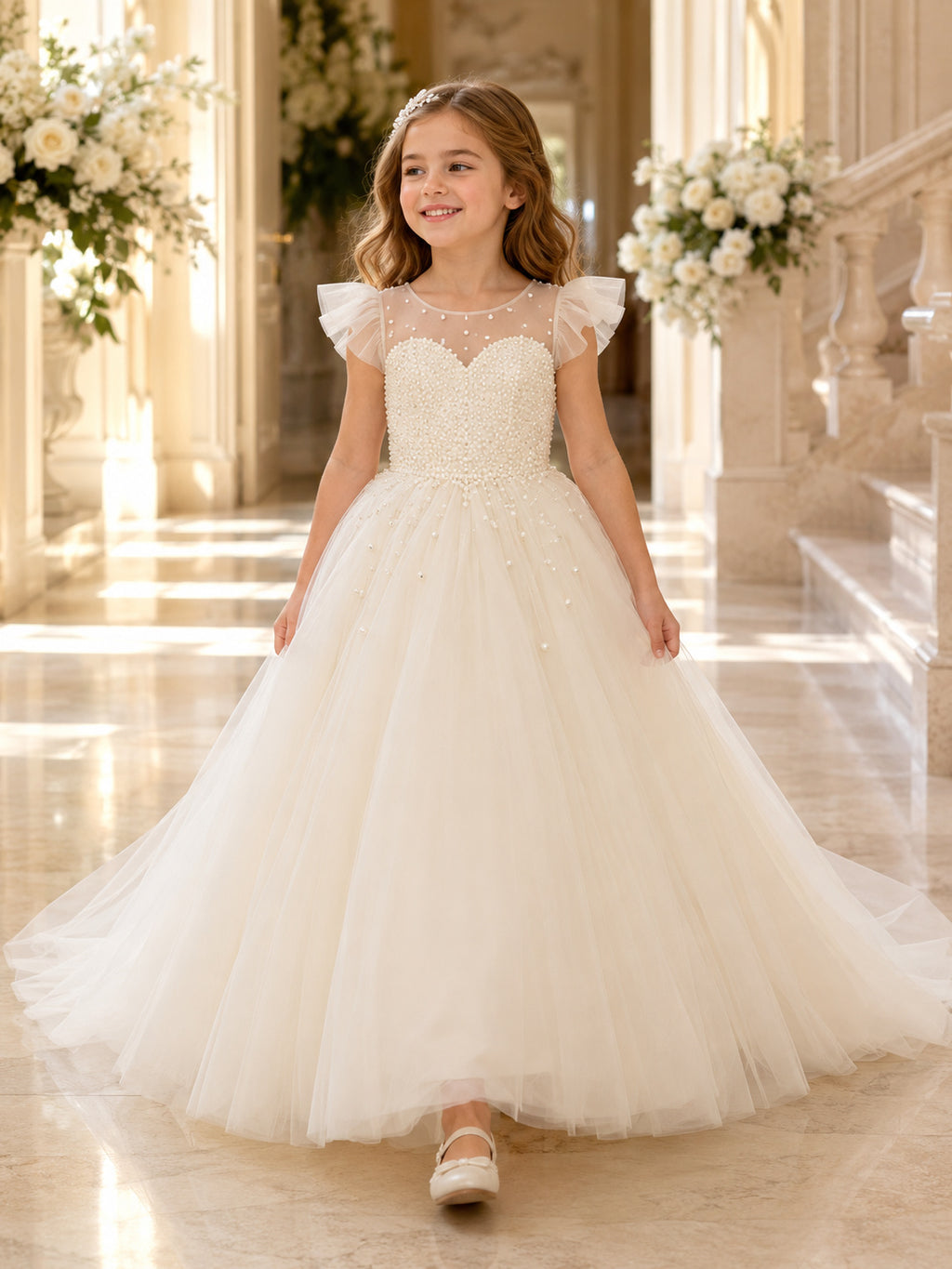 Luxury Tulle Floor-Length Ball Gown Sweetheart Beaded Flutter Sleeve Flower Girl Formal Wedding Dress front view