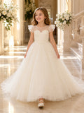 Luxury Tulle Floor-Length Ball Gown Sweetheart Beaded Flutter Sleeve Flower Girl Formal Wedding Dress front view
