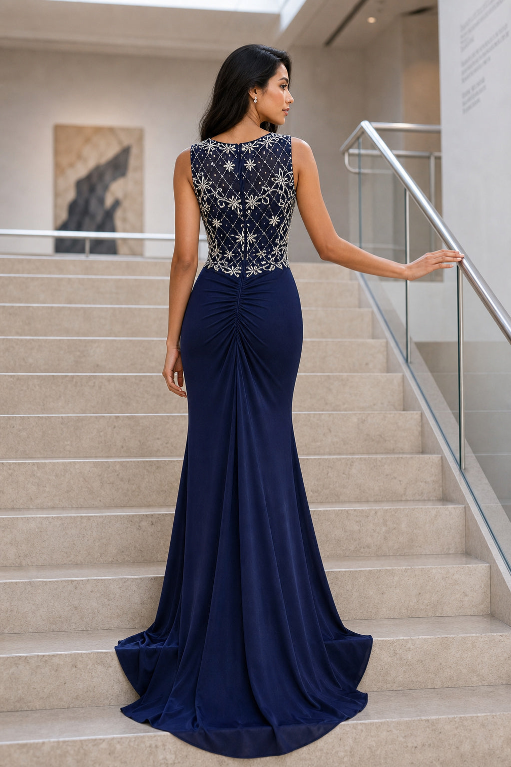 Navy Bateau Sleeveless Sheath Floor-Length Dress With Embroidered Lace Bodice