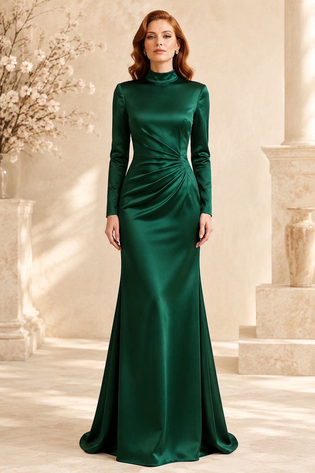 Dark Green High Neck Satin Mermaid Formal Dress with Long Sleeves and Ruched Waist front view