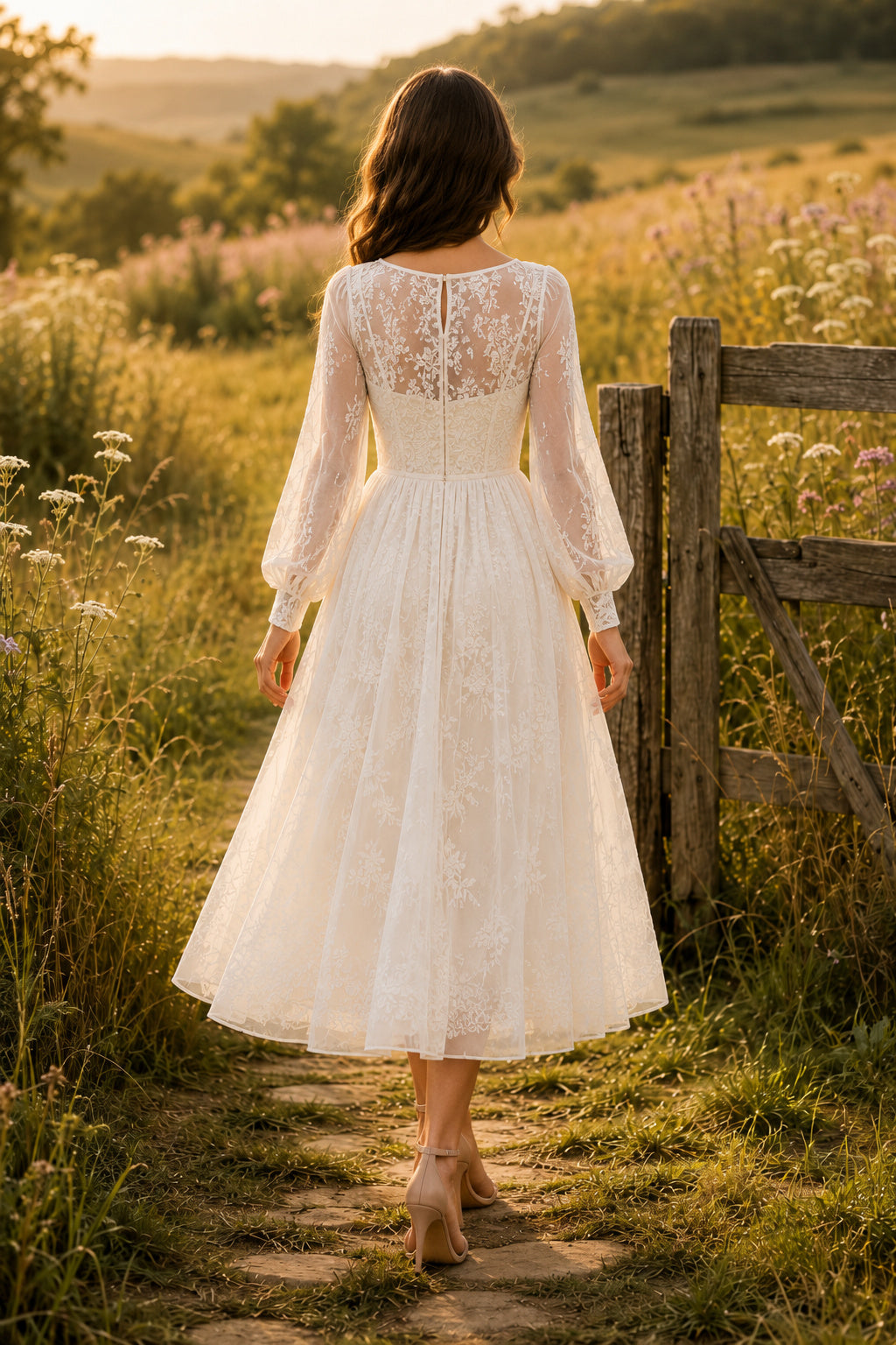 Ivory Boho Square Neck Tea-Length A-Line Tea Length Tulle Wedding Dress with Long Poet Sleeves and Tea-Length Hem back view