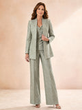 Sage Luxury Floor-Length Wide-Leg Mother of the Bride Metallic Jacquard Pantsuit with Long Floral Blazer and Cowl-Neck Shell