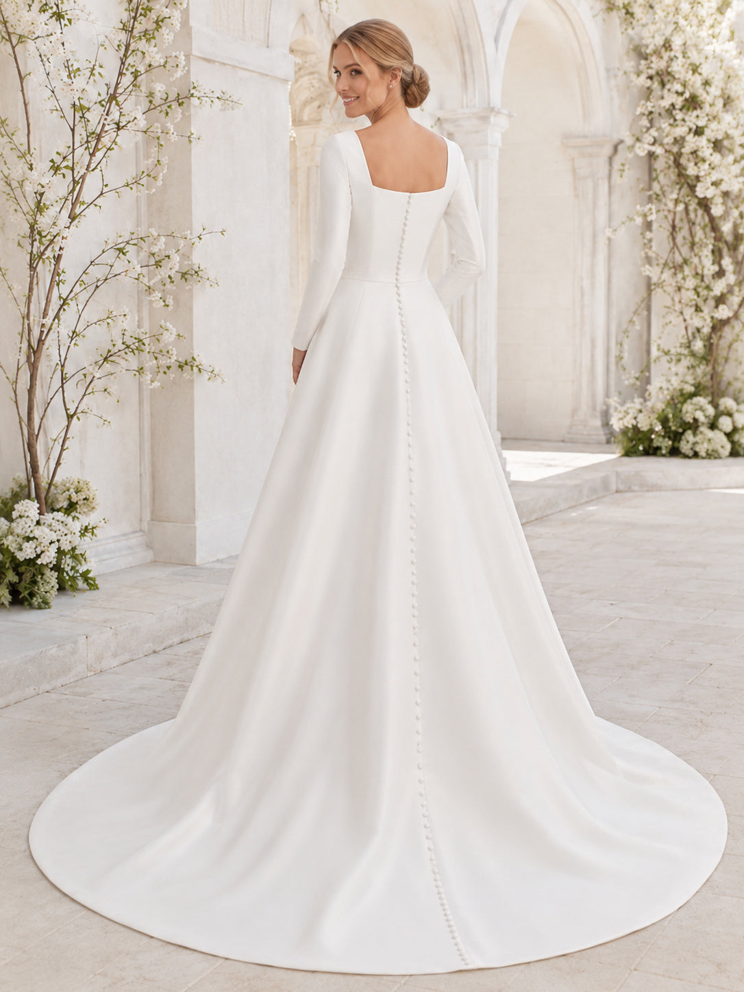 LDS Square Neck Satin Wedding A Line Long Sleeve Chapel Train Button Back back view