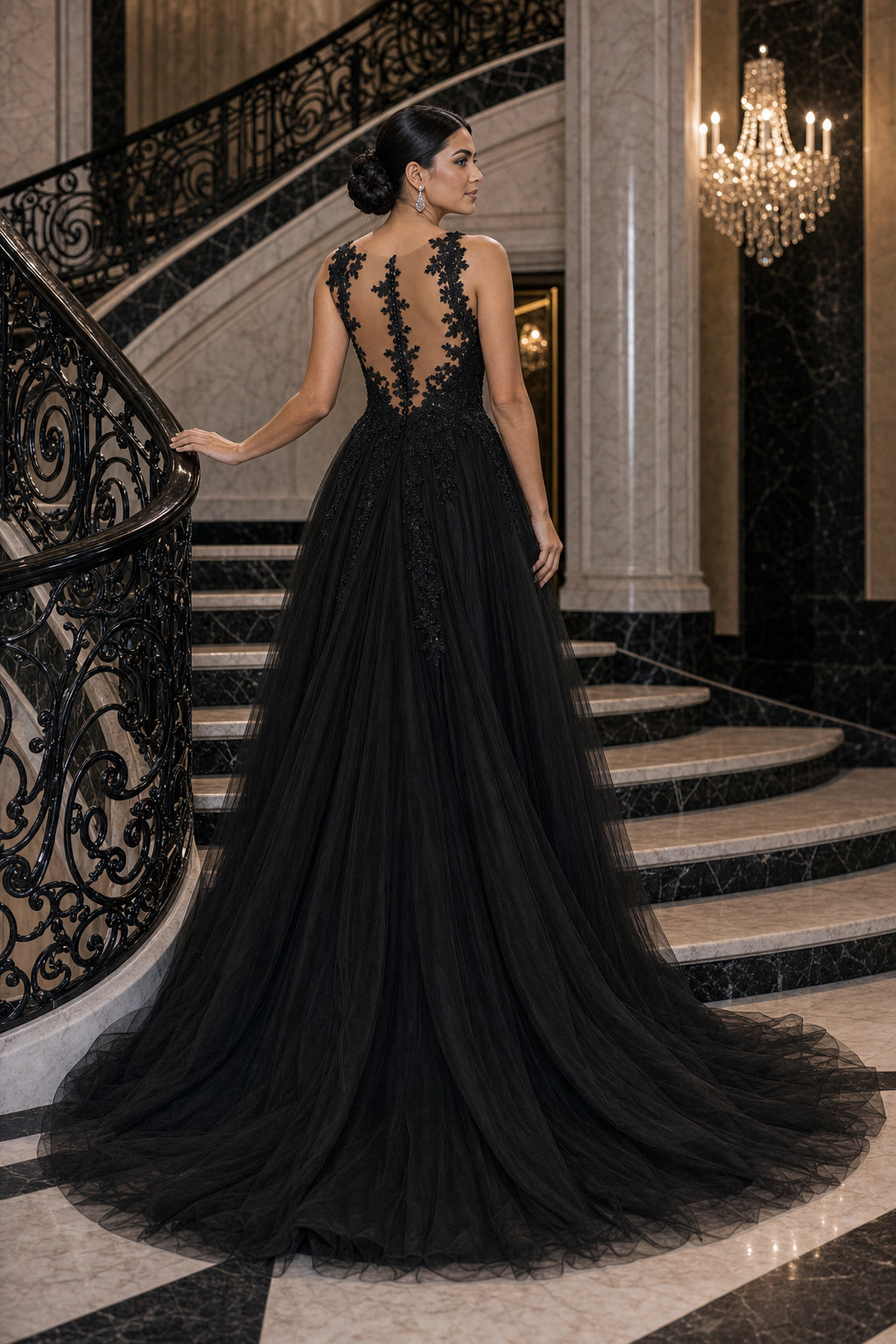 Black V-neck Sleeveless A-Line Tulle Floor-Length Dress With Lace Appliques