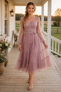 Dusty Rose Spaghetti Strap Tiered Tulle Skirt with Soft Bow Detail Tea Length A-Line Homecoming Dress front view
