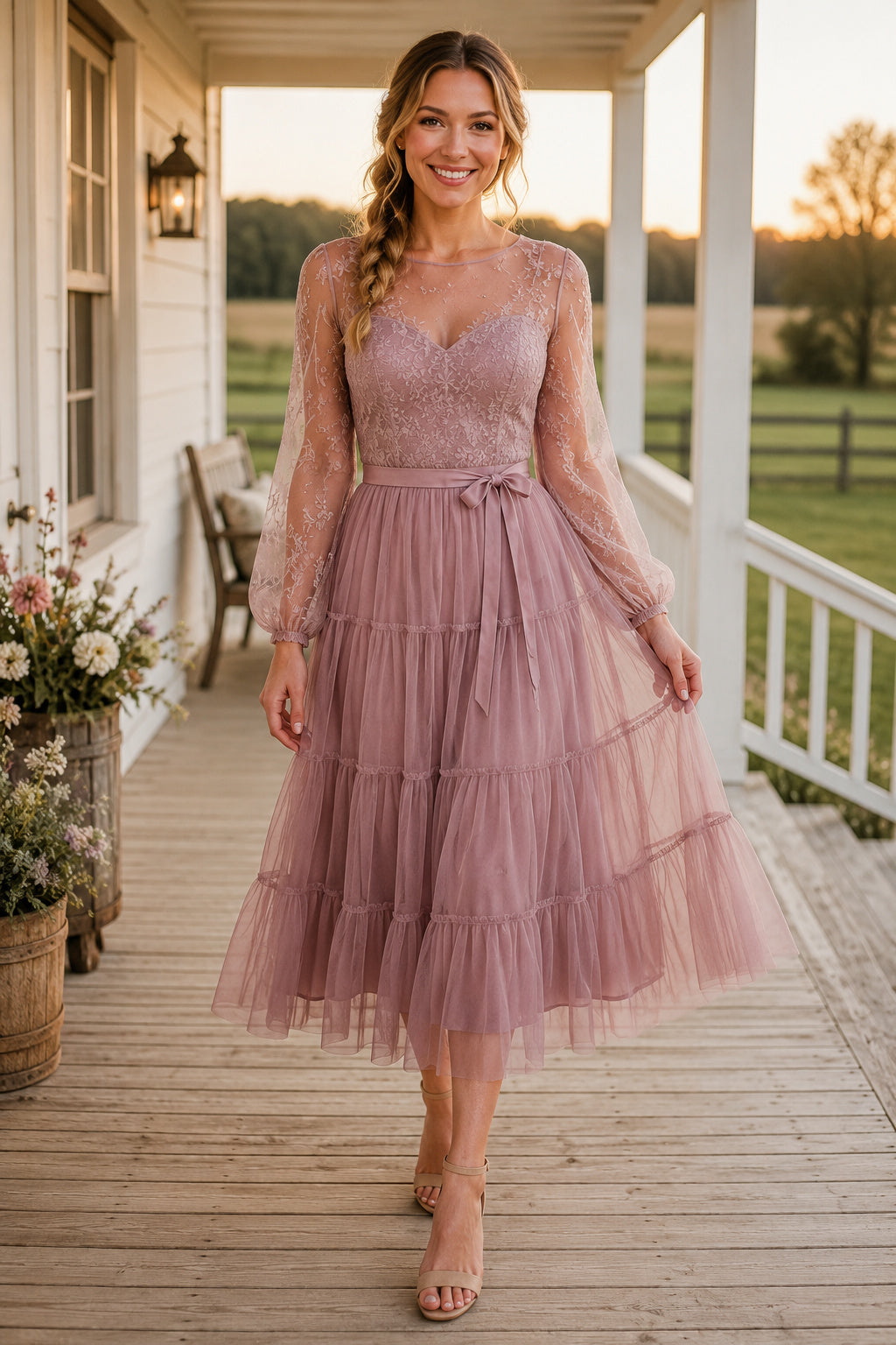 Dusty Rose Spaghetti Strap Tiered Tulle Skirt with Soft Bow Detail Tea Length A-Line Homecoming Dress front view