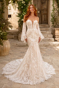 Champagne Sexy Off-the-Shoulder Mermaid Champagne Lace Wedding Dress with Long Lace Sleeves and Chapel Train Style MG_701376