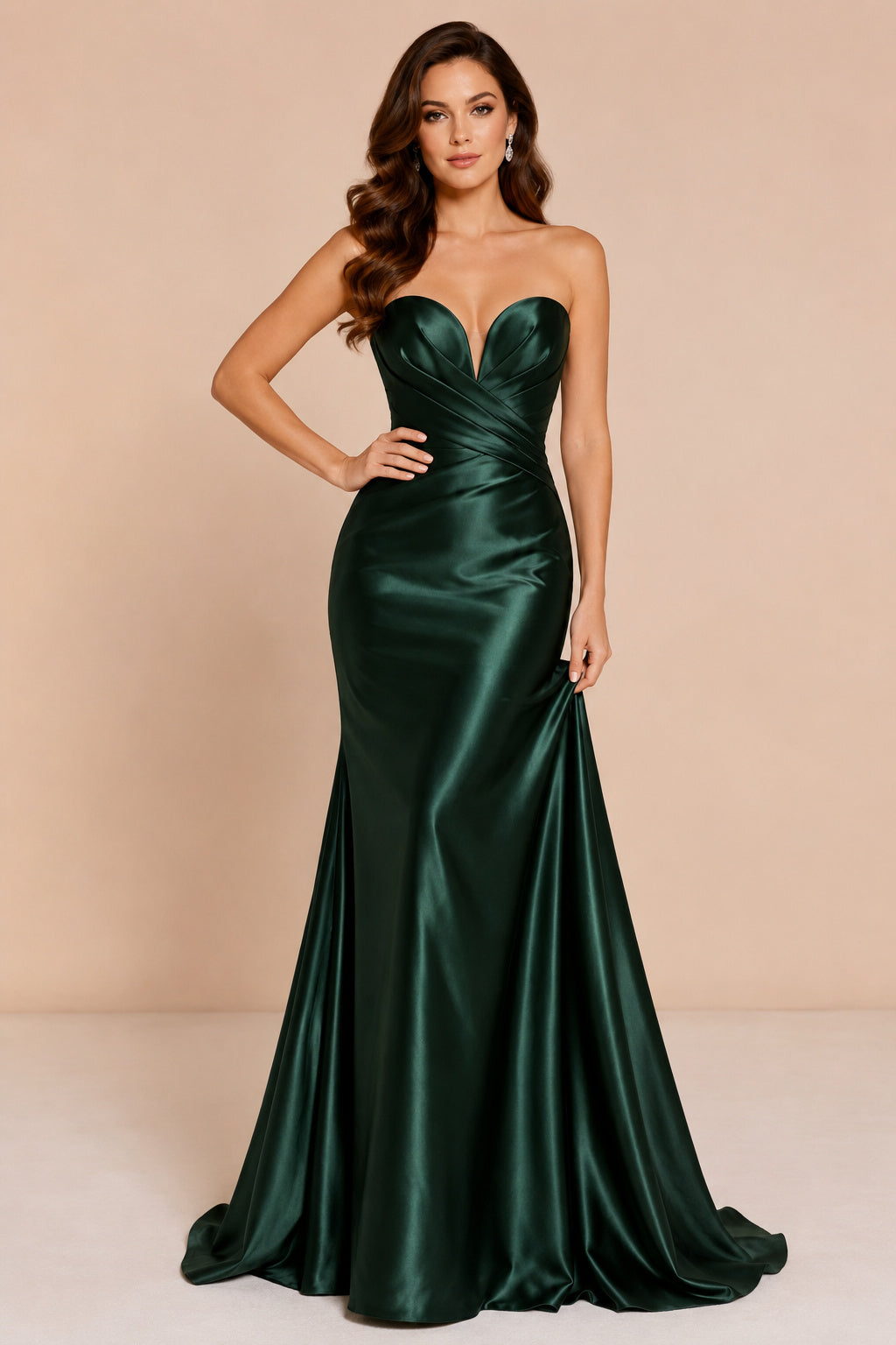 Dark Green Strapless Satin Mermaid Prom Dress with Sweetheart Neck front view