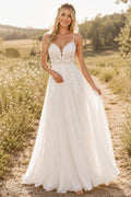 Boho Spaghetti Strap V-Neck A-Line Wedding Dress with Lace Bodice and Soft Train front view