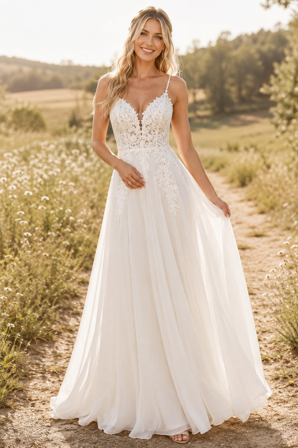 Boho Spaghetti Strap V-Neck A-Line Wedding Dress with Lace Bodice and Soft Train front view
