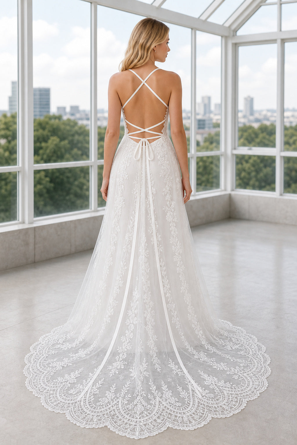 White V-neck Mermaid Crepe, Lace Floor-length Wedding Dress With Lace and Beaded Waist and Open Back Lace Hem Detail