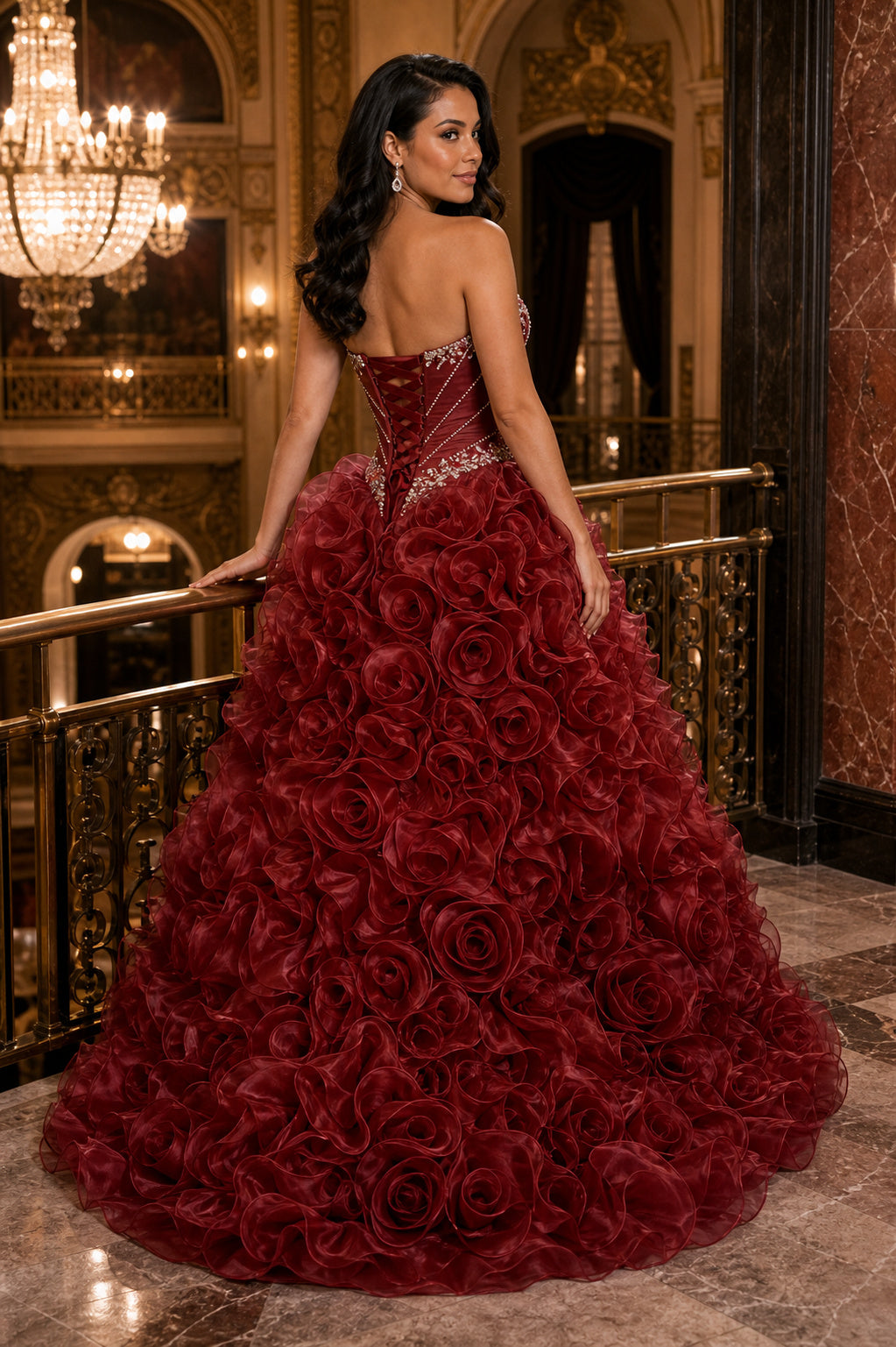 Burgundy Strapless Sweetheart Ball Gown Tulle Floor-Length Dress With Ruffle Skirt