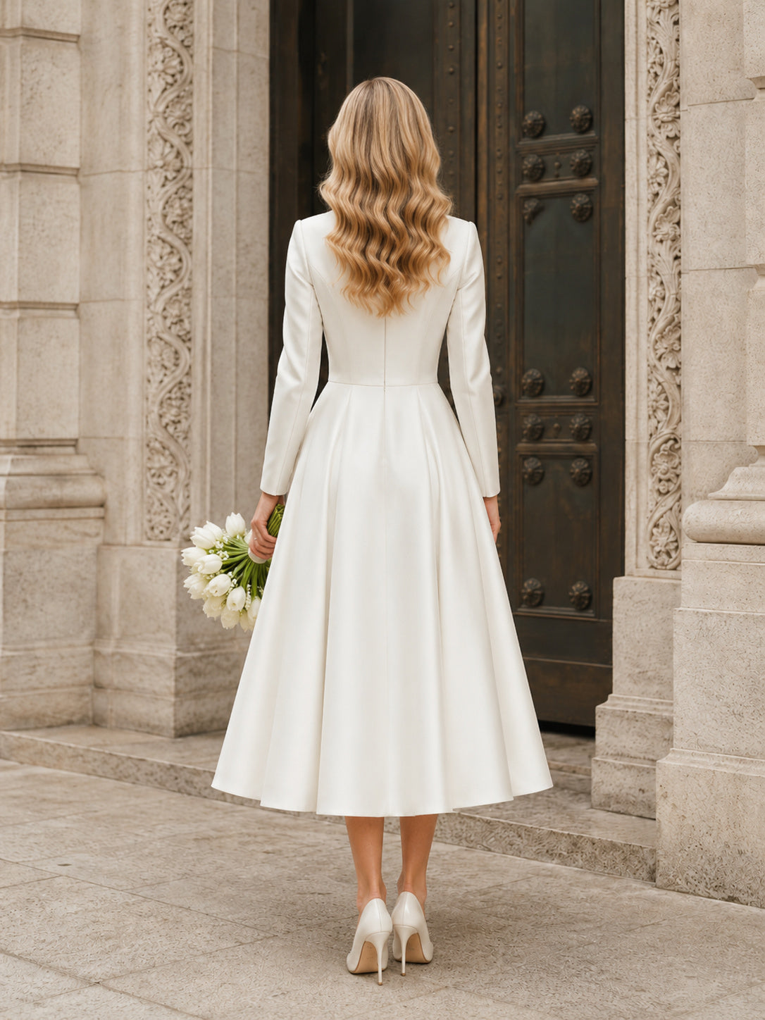 Chic Courthouse V-Neck Long Sleeve Tea Length Wedding Dress back view