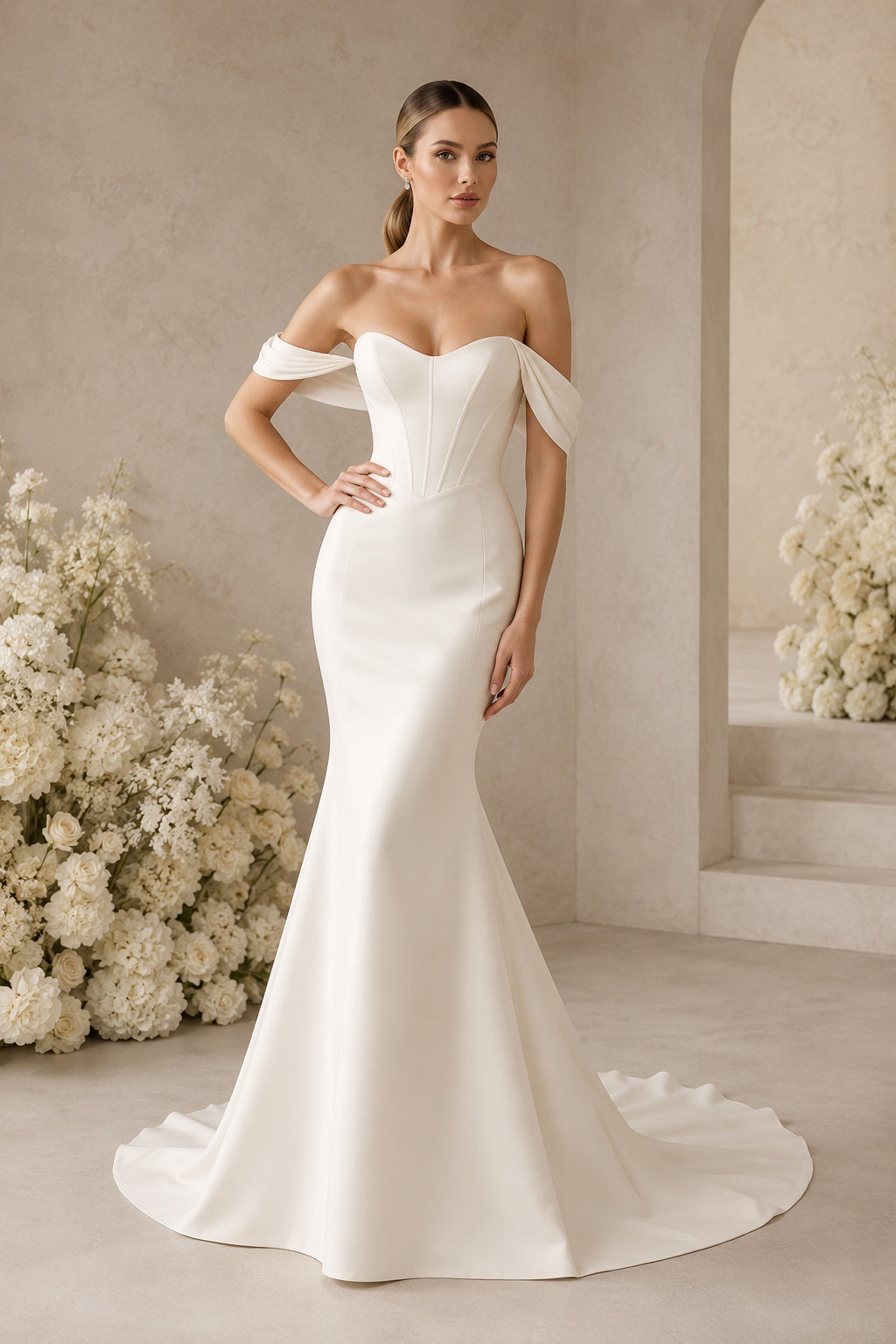 Wedding Mermaid Satin Dress with Off-Shoulder Neckline and Sweep Train front view
