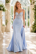 Sky Blue Spaghetti Strap Lace Bodice Mermaid Formal Dress with Draped Skirt and Split front view