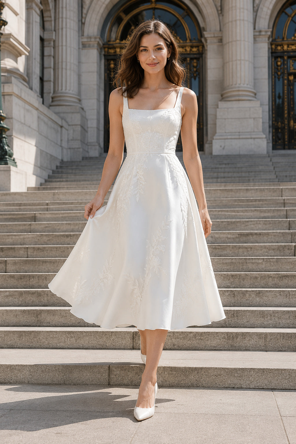 Ivory Square Strap Sleeveless Satin Tea-Length Wedding Dress with Simple Satin Bodice and Clean Midi Skirt front view
