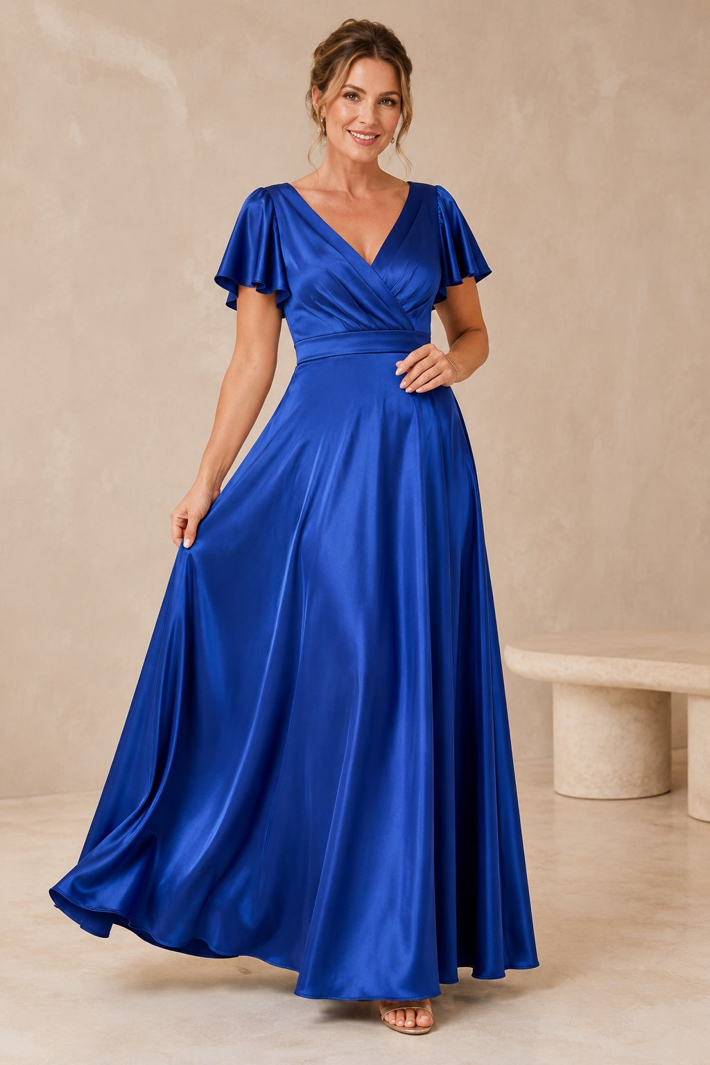 Royal Blue V-Neck A-Line Formal Dress with Flutter Sleeves front view