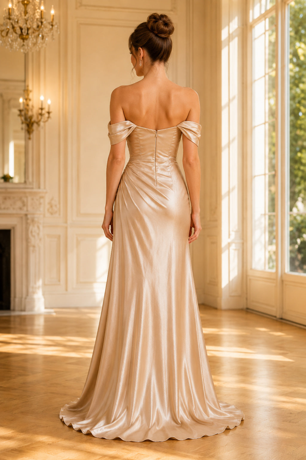 Champagne Off-the-Shoulder Satin Sheath Formal Dress with Ruching and Side Split back view