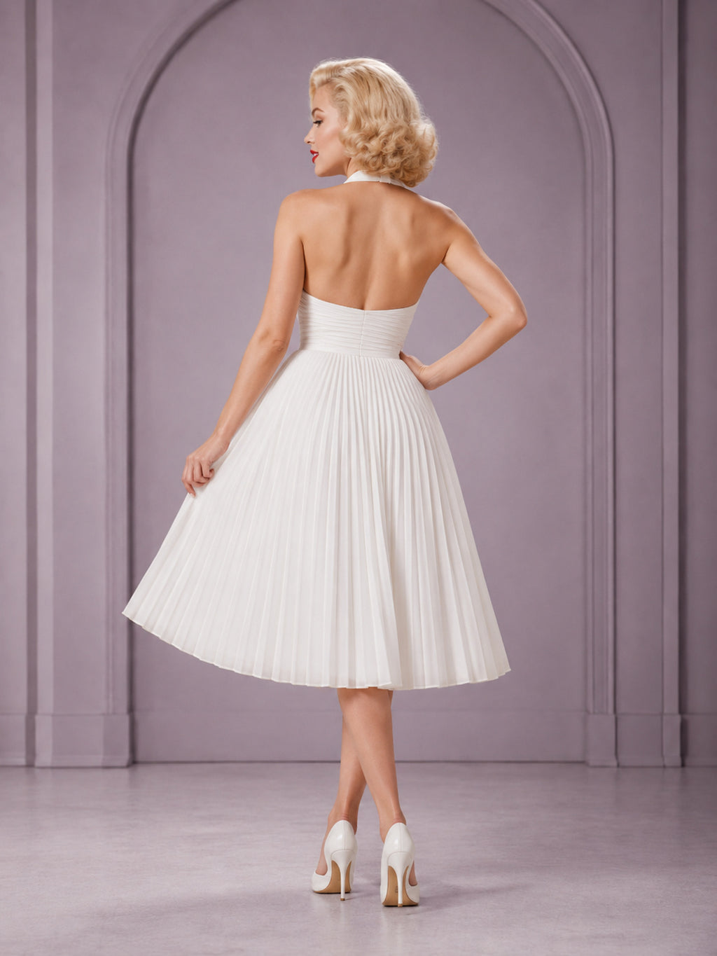 Retro Halter Short Pleated Civil Reception Bridal Dress back view