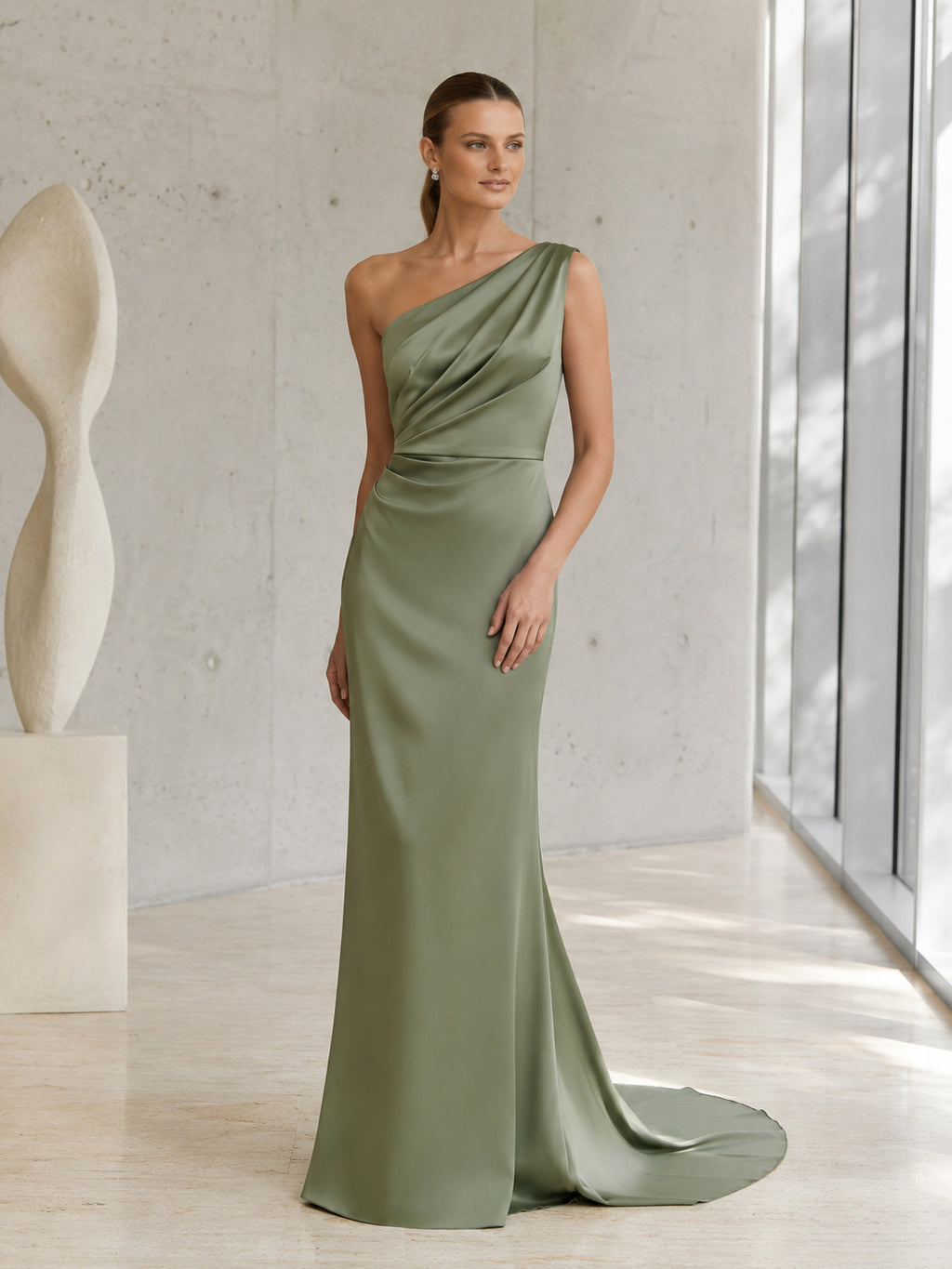 Sage One Shoulder Draped Satin Sheath Sweep Train Wedding Dress front view