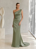 Sage One Shoulder Draped Satin Sheath Sweep Train Wedding Dress front view