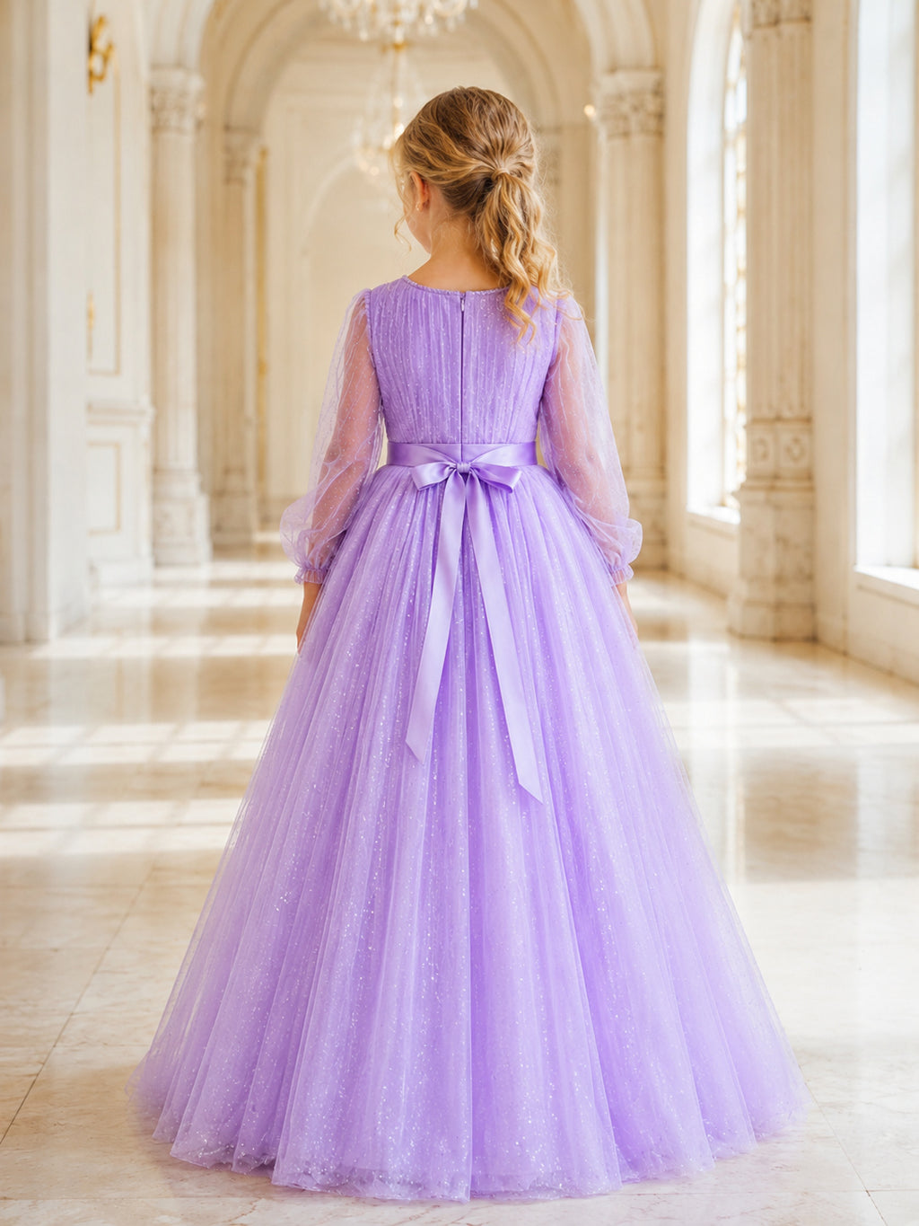 Lilac Bow Back Tulle A-Line Flower Girl Dress with Jewel Neck, Sleeveless, and Floor-length Skirt back view