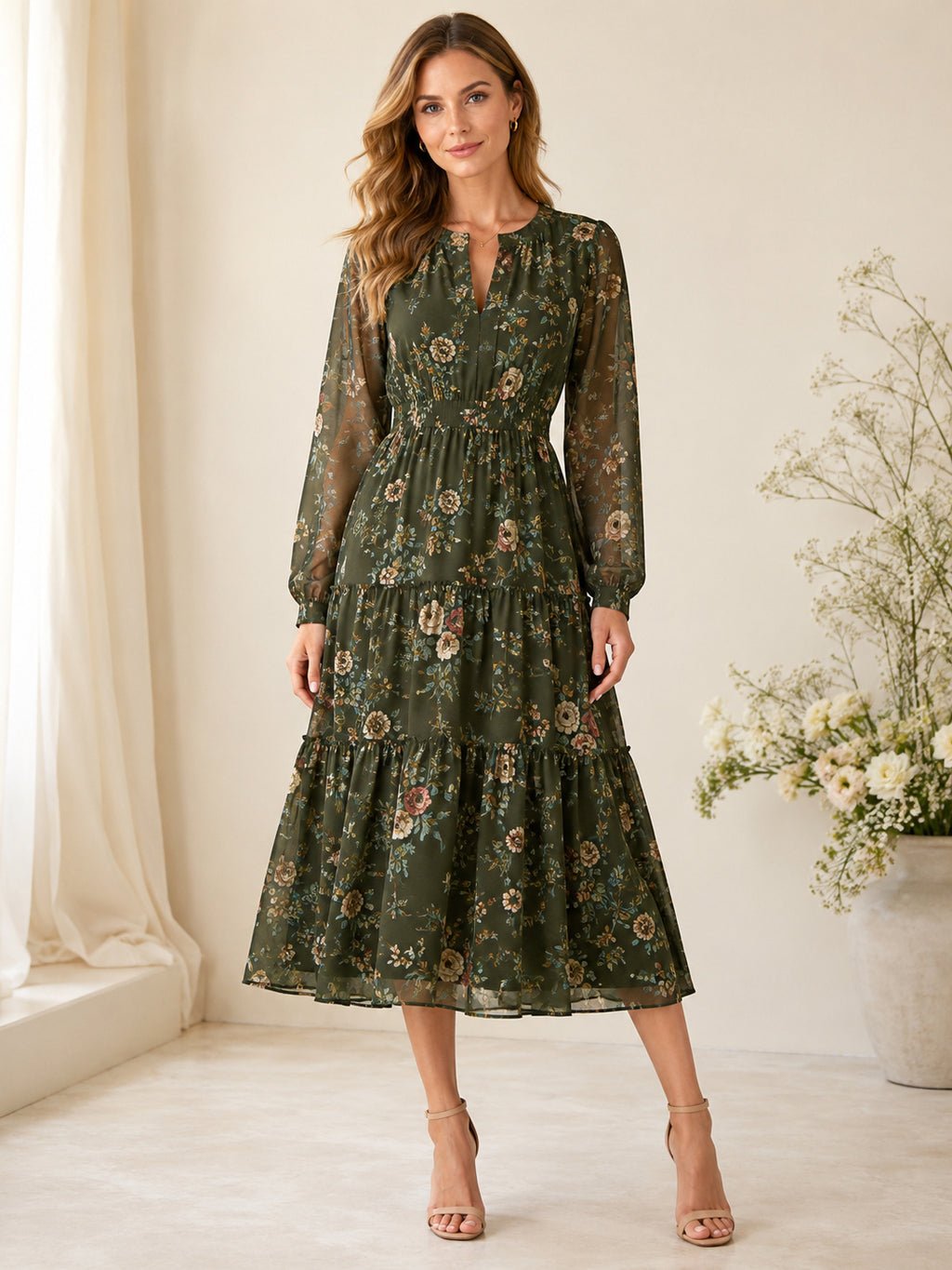Dark Green Floral High Neck Long Sleeve Midi Dress front view