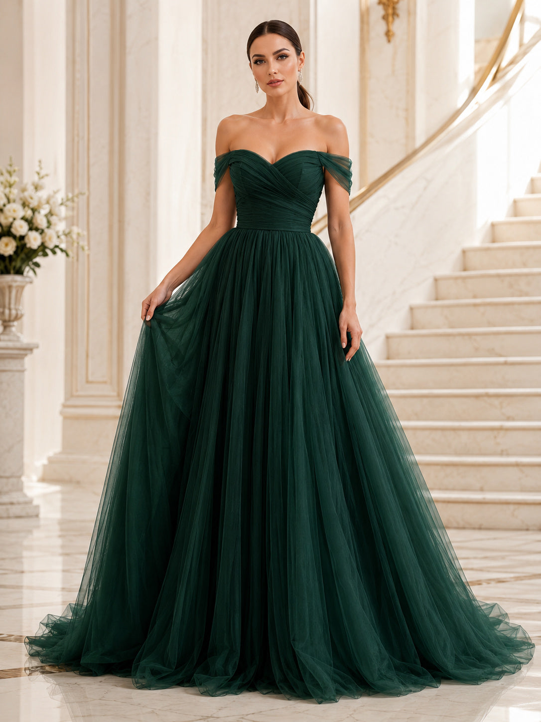 Emerald Off Shoulder Tulle Ball Gown Formal Dress front view