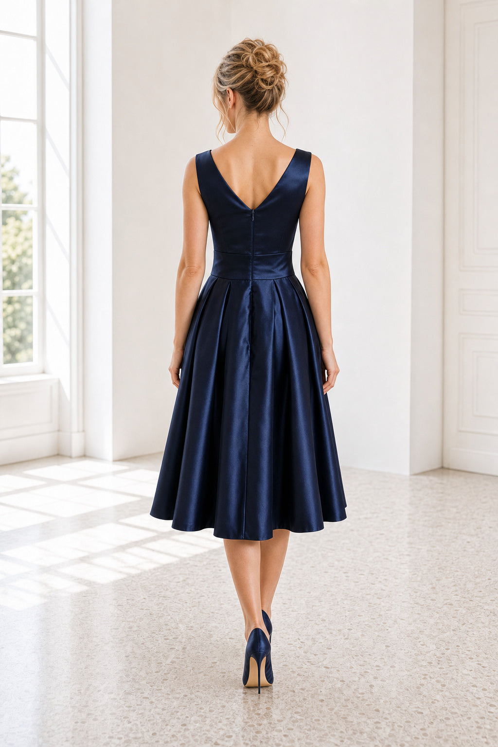 Navy Bateau Sleeveless A-Line Satin Tea-Length Dress