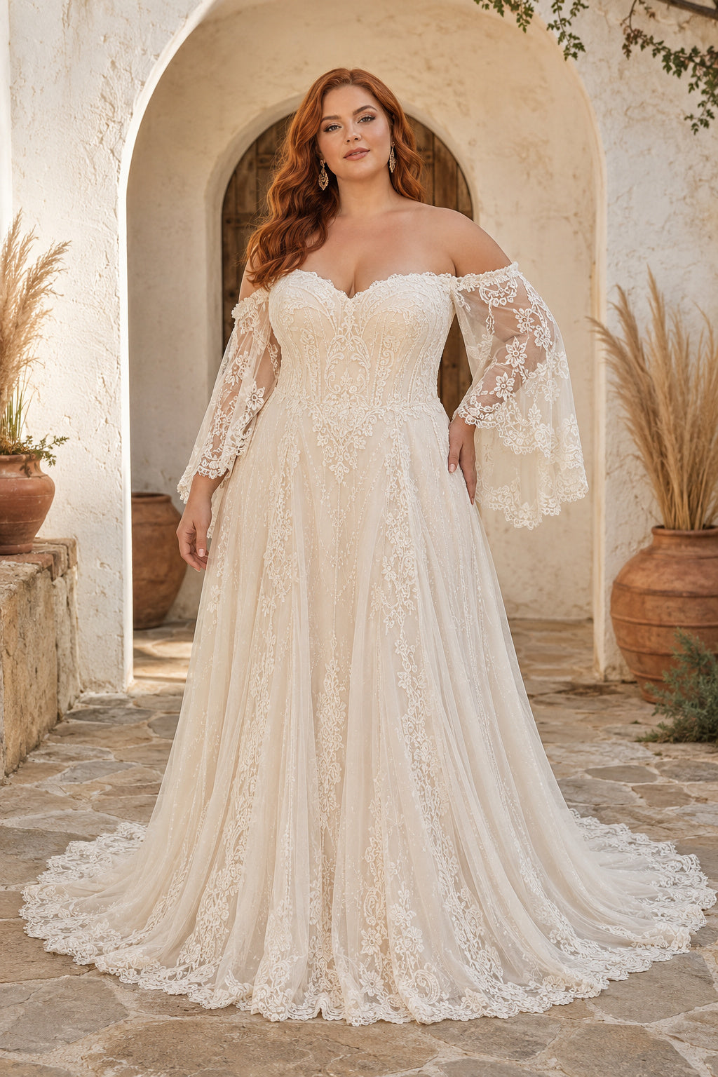 Plus Size Ivory Off-the-Shoulder Sweetheart Bell Sleeve Lace Tulle A-Line Wedding Dress with Bell Sleeves and Lace Chapel Tra