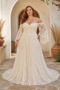 Plus Size Ivory Off-the-Shoulder Sweetheart Bell Sleeve Lace Tulle A-Line Wedding Dress with Bell Sleeves and Lace Chapel Tra
