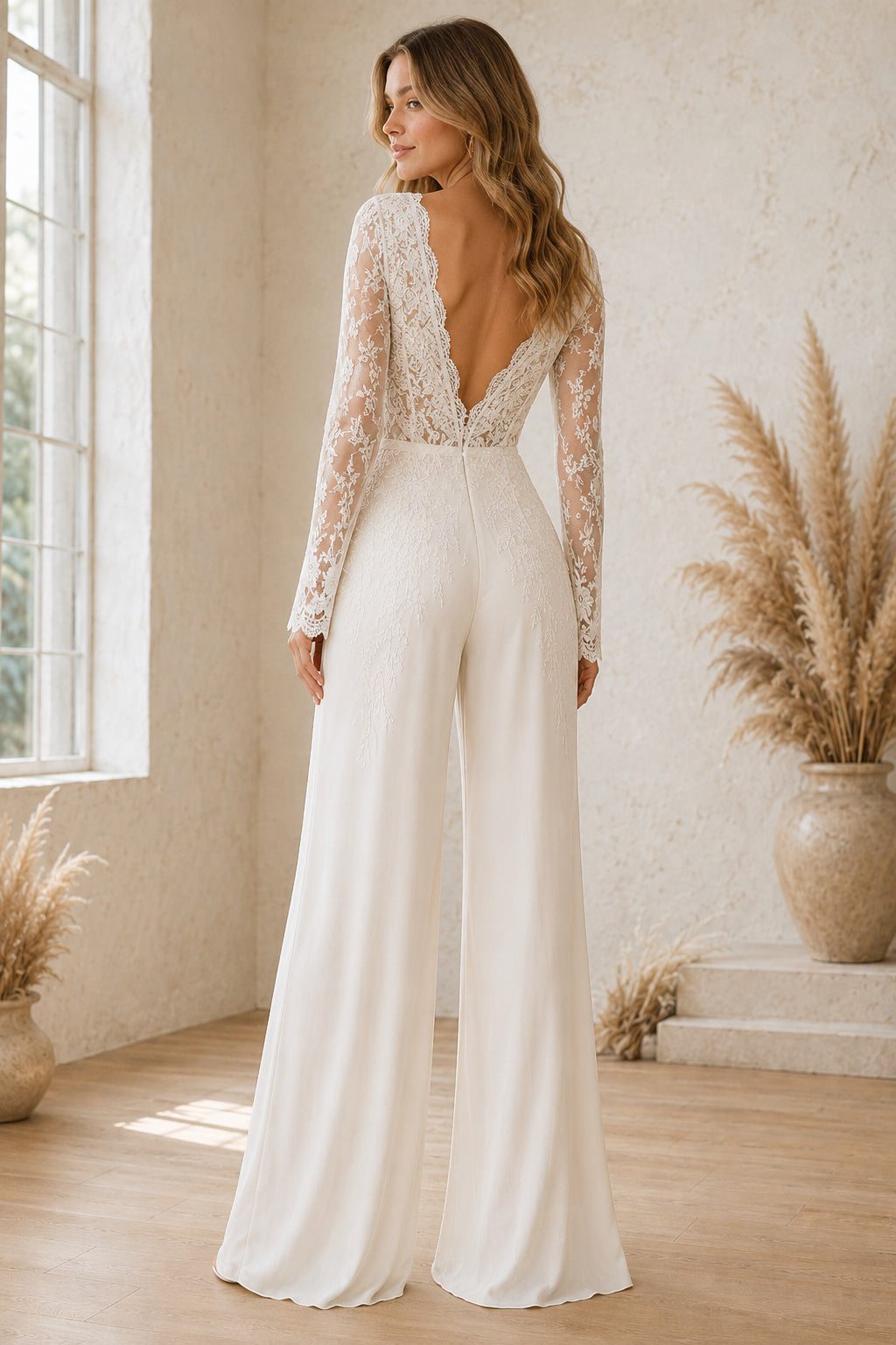 Ivory V-Neck Long Sleeve Lace Satin Floor-Length Bridal Jumpsuit with Long Lace Sleeves and Wide Leg Pants Style MG_701070 ba